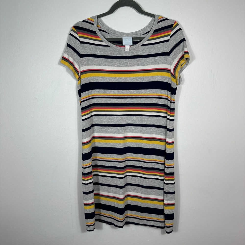 Sunday Striped T Shirt Dress Gray Navy Yellow Short Sleeve Stretch Small